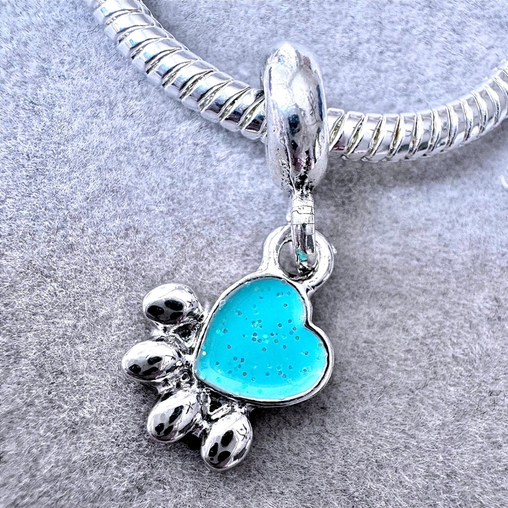 Turquoise Blue‎ Glitter Heart Paw Print Dangle Charm fits PANDORA